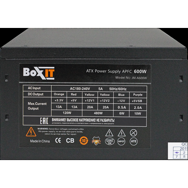 Блок питания ATX BoxIT JM-A600w 120mm fan/20+4P/P8(4+4) 600mm/P(6+2)x2/APFC black